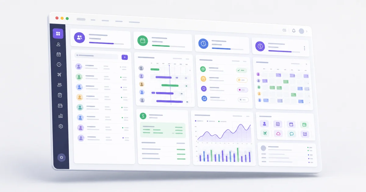Workforce attendance operations dashboard with employees, attendance, leave, payroll, and reports